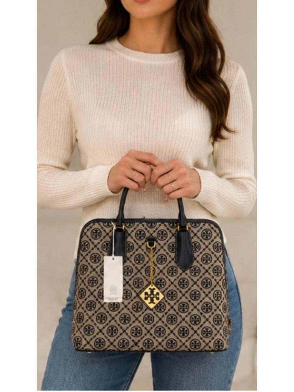 NWT Tory Burch T Monogram Swing Bag Navy Jacquard Top Handle Satchel - Picture 3 of 16